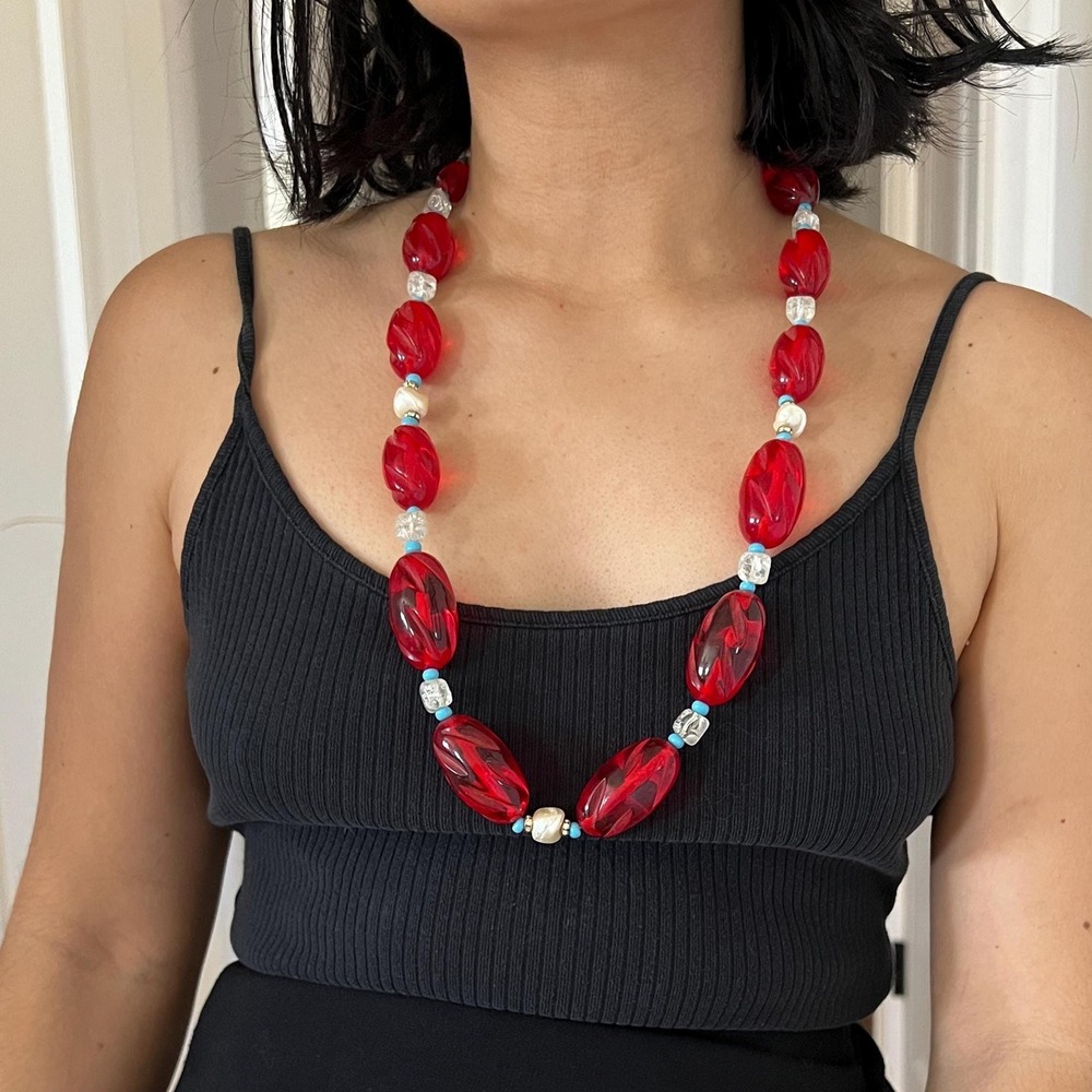 Chunky Statement Necklace single strand red beaded necklace pearls rhinestones